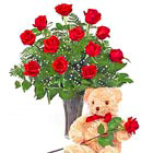 Dozen Roses Vase and Teddy Bear